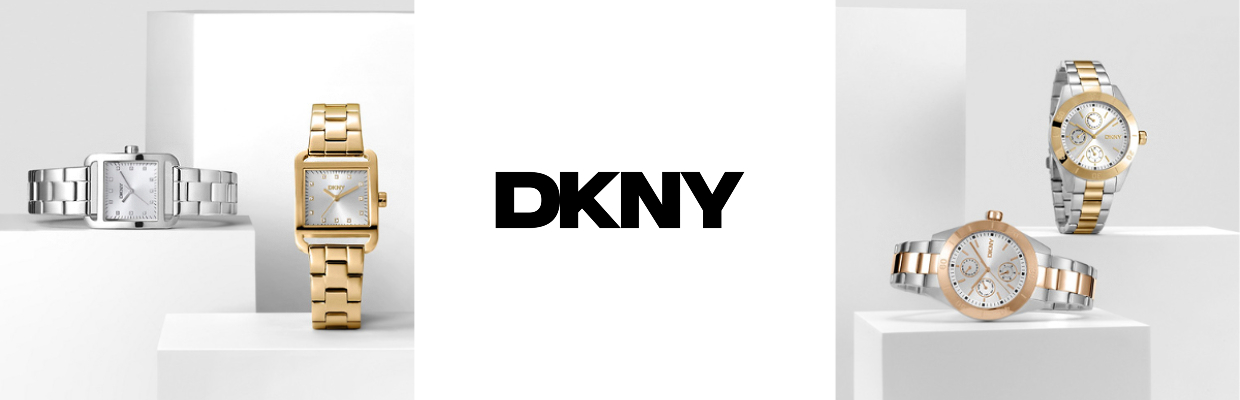 Banner da DKNY, com 4 exemplos de relógios femininos, dois de caixa quadrada e dois de redonda.